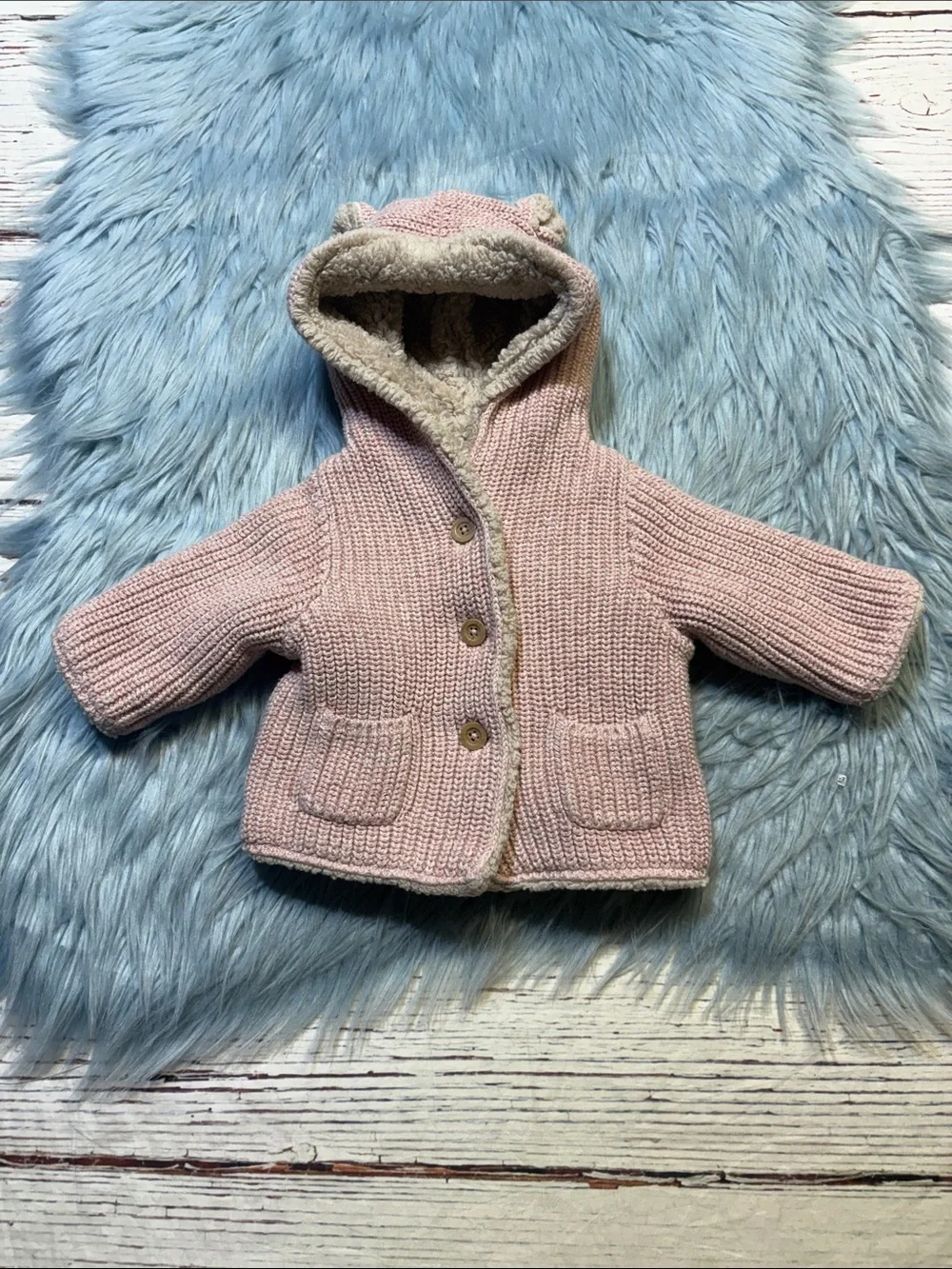GAP Baby Hooded Cardigan in Light Pink with Cream Sherpa Lining Sz 0-3M